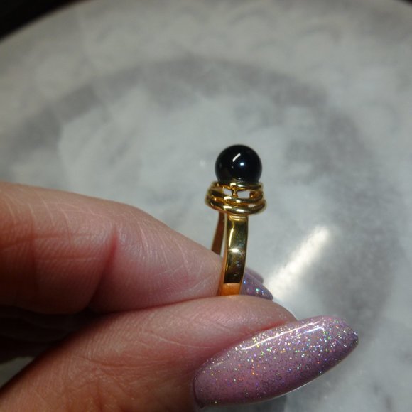 18k Yellow Gold Electroplate Black Onyx Dolphin Ore Ring - Picture 5 of 9